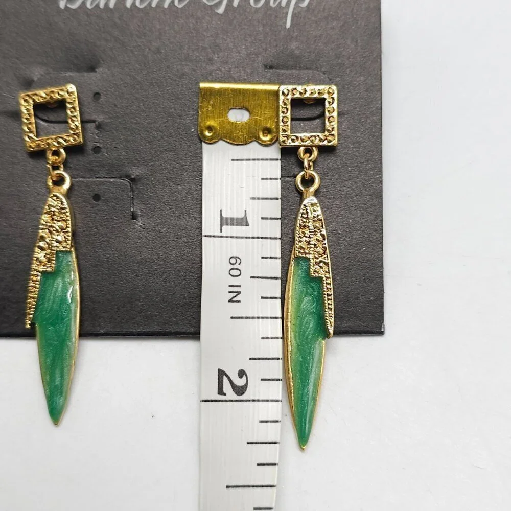 Darlene Group Green Enamel Gold Dangle Earrings Art Deco Style